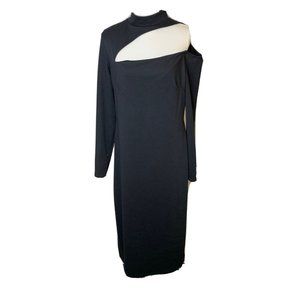 Asos Design Bodycon Dress Sz 14 Black Midi One Shoulder Cutout Long Sleeve Sexy